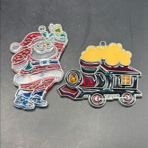Vintage Plastic Stained Glass Santa and Train Christmas Ornaments